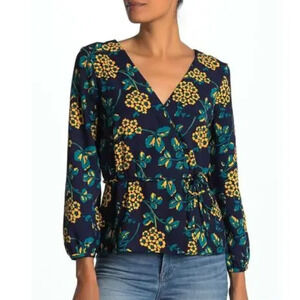 J CREW Navy Yellow Drapey Crepe Floral Wrap Top V-Neck 3/4 Sleeve Women's Small